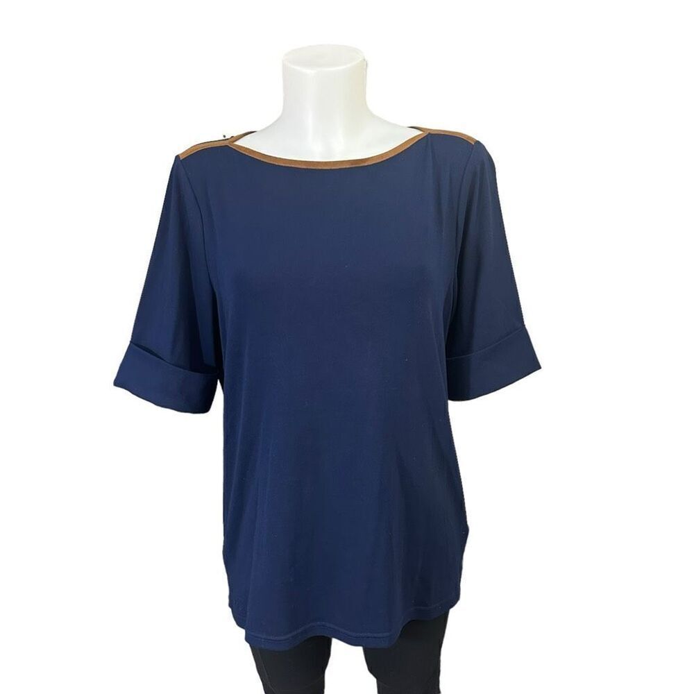 Lauren Ralph Lauren Navy Boat Neck Short Sleeve Casual Top Faux Suede Trim XL‎